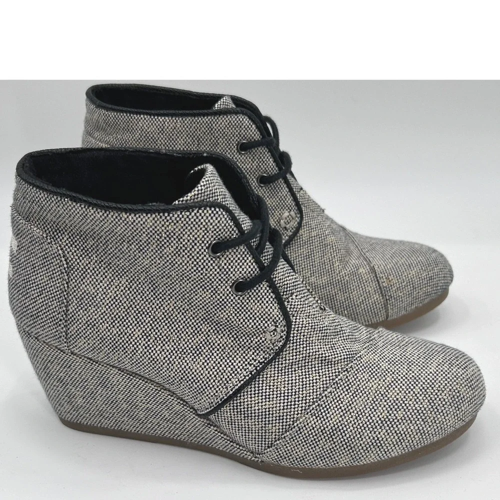 Toms Desert Wedge Linen Tweed Black White Metallic Gold Lace-up Ankle Bootie 7